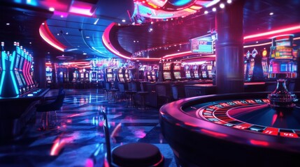 Vibrant Casino Interior with Neon Lights, Slot Machines, and Roulette Table in a Bustling Gaming Environment for Exciting Night Out and Entertainment Experience