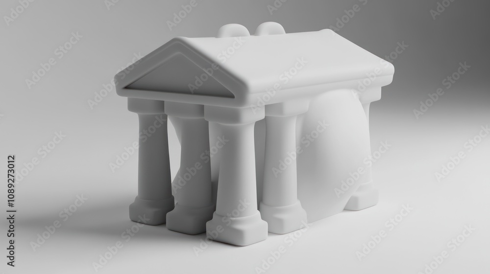 Poster a minimalist white sculpture resembling a classical building with columns and a rounded base.