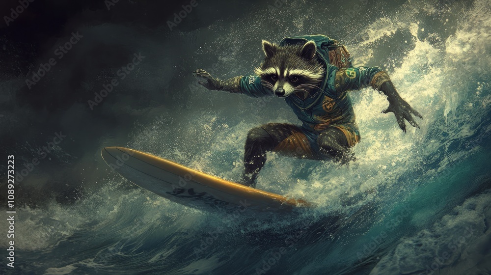 Poster a raccoon surfing on a wave, showcasing a dynamic and adventurous scene.