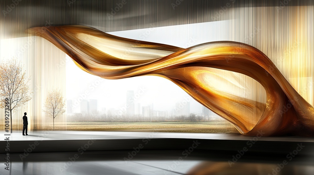 Poster abstract design of a flowing sculpture within a minimalistic space, featuring a man observing the dy