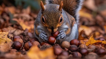 Fototapeta premium Squirrel grasping acorns surrounded by autumn leaves on a warm, chestnut-toned background showcasing vibrant fall colors.