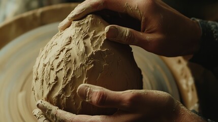 Skilled hands shaping wet clay into a detailed vase on a potter's wheel, showcasing the artistry and technique of pottery making.
