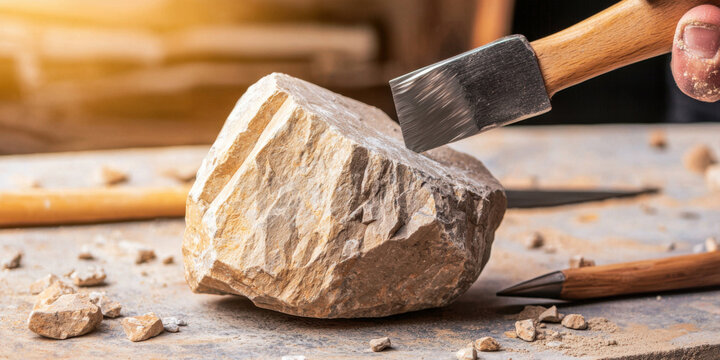Skill and chisel concept. Chiseling textured stone block with tools in workshop setting