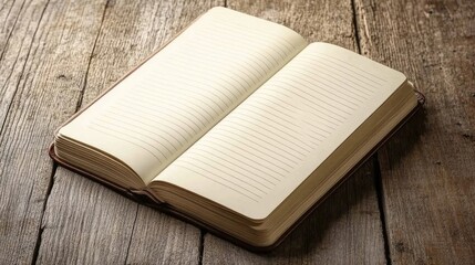Fototapeta premium Open blank notebook with lined pages resting on a rustic wooden surface, showcasing a serene and minimalistic writing space.
