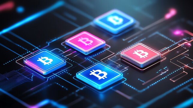 Digital blockchain network graphic with glowing bitcoin symbols illustrating cryptocurrency and modern financial technology. A futuristic vision of finance and data exchange.