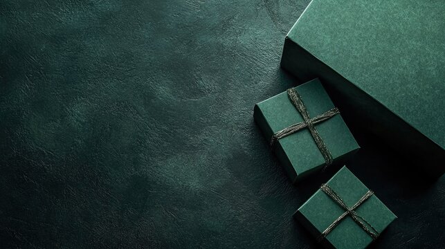 Elegant dark green gift boxes with twine accents on a textured dark surface, designed with a blank area for personalized messages or labels.