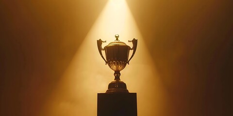 Trophy cup with light rays on dark background. Award concept.