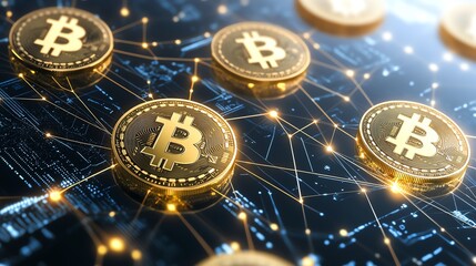 Digital currency concept featuring multiple Bitcoin symbols interconnected on a futuristic network background, representing blockchain technology and cryptocurrency transactions.
