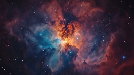 Fototapeta premium Vibrant nebula galaxy captured through a telescope, featuring striking colors, luminous stars, and a fantastical cosmic backdrop rich in depth and beauty.