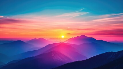 Fototapeta premium Vibrant neon sunset illuminating mountain peaks with striking colors, creating a lively spring ambiance over a scenic landscape.