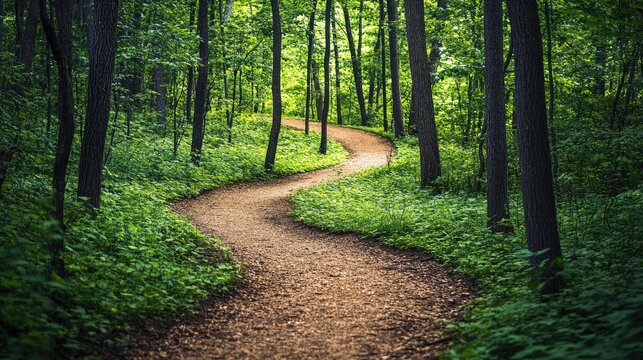 A serene forest landscape showcasing a winding dirt path surrounded by vibrant green trees and lush foliage inviting adventure and exploration.