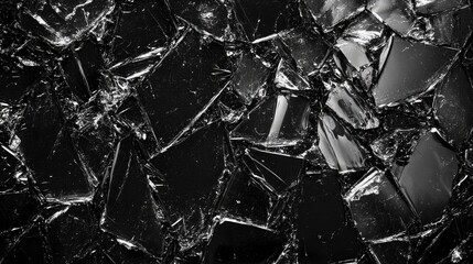 Shattered glass texture with jagged shards reflecting light, creating a mesmerizing dark and glossy surface. Ideal for backgrounds or design elements.