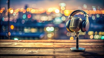 A vintage microphone with headphones rests on a wooden surface against a backdrop of blurred city lights, evoking a sense of urban music production and creativity.