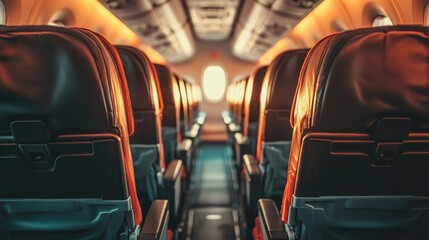 Fototapeta premium Business class cabin interior of a commercial airplane showcasing rows of empty leather seats illuminated by soft ambient lighting.