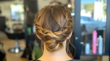 Elegant close-up of a Greek braid hairstyle from the back, showcasing intricate weaving and stylish twists in a modern hair salon environment.