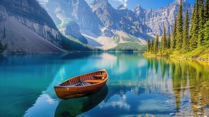 A serene wooden boat peacefully floats on a tranquil lake, embraced by towering mountains and lush green trees under a clear blue sky.