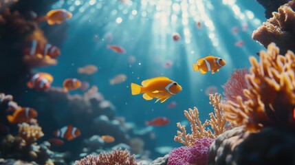 Naklejka premium Vibrant underwater scene showcasing a school of tropical fish swimming through colorful coral under beams of sunlight filtering from the surface.