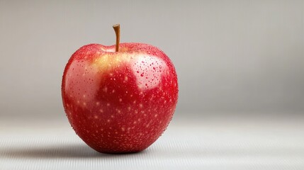Vibrant fresh red apple with droplets of water, standing alone against a soft, neutral background, showcasing its juicy texture and glossy surface.