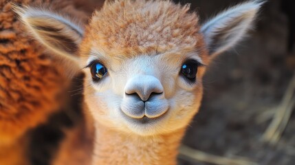 Obraz premium Close-up portrait of an adorable young alpaca with fluffy orange-brown fur and bright expressive eyes, showcasing a friendly and charming demeanor.
