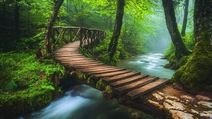 Serene forest pathway guiding towards a charming wooden bridge over a gently flowing stream, surrounded by lush green foliage in summer.