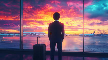 young man in suit stands at airport window, gazing at vibrant sunset