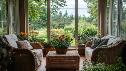 Fototapeta premium Cozy veranda with large windows overlooking a vibrant summer garden, featuring comfortable seating and potted flowers for a relaxing eco-friendly retreat.