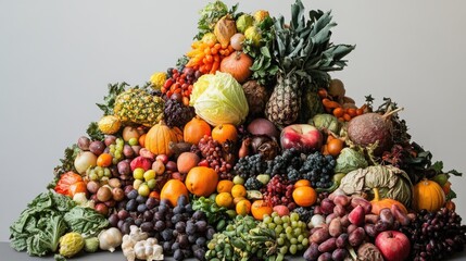 Vibrant display of diverse fruits and vegetables, showcasing a creative cascade of food waste art and its ecological benefits