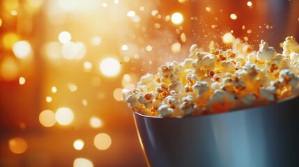 Freshly popped popcorn in a silver bowl with a warm bokeh background, evoking nostalgia and excitement of the cinematic experience.