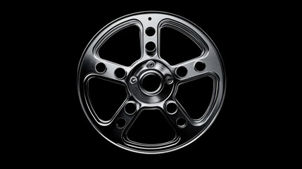 Obraz premium Film reel icon featuring an unspooled 8mm filmstrip against a sleek black background, highlighting its detailed metallic finish and classic design.