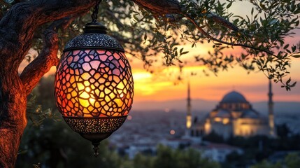 Fototapeta premium Illuminated lantern hanging from olive tree branch at sunset with mosque in background.