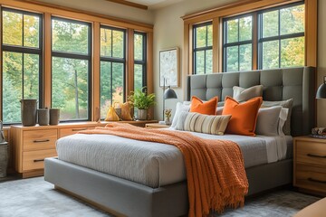 Fototapeta premium Elegant and Cozy Modern Bedroom Interior Design with Stylish Decor, mockup, poster and Background