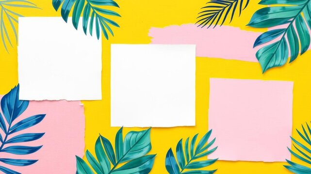 Abstract geometric brush strokes collage with tropical leaves and squared paper in pink, blue, and yellow colors for customizable social media design template set, template, design - Powered by Adobe
