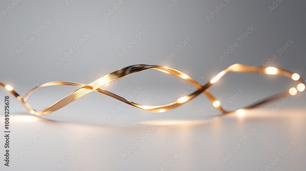 Poster elegant and twisting string of warm led lights with a glossy finish set against a soft gray backgrou