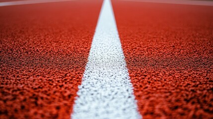 Close-up view of a white line on a textured red running track, highlighting the start and finish points in athletics from a top perspective.