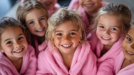 Group of joyful young girls wearing fluffy pink robes gathered in a close circle, smiling and sharing a fun moment together.
