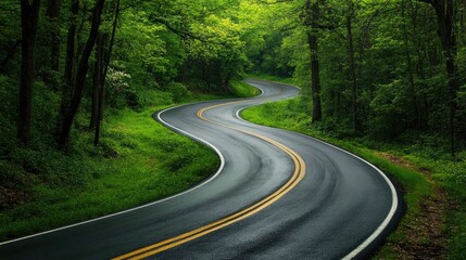 Fototapeta premium Winding asphalt road meandering through vibrant green forest, framed by lush spring foliage under bright natural light.