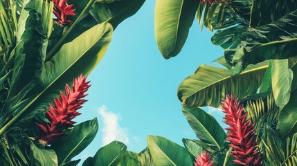 Lush tropical foliage with vibrant red flowers under a clear blue sky, creating an exotic, summery backdrop ideal for text overlay.