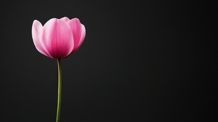 Delicate pink cyclamen flower gracefully positioned against a stark black background, creating a striking contrast with ample empty space.