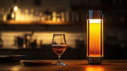Illuminated beer tower emitting a warm yellow light next to a glass of cold beer, set in a cozy bar ambiance with blurred background details.