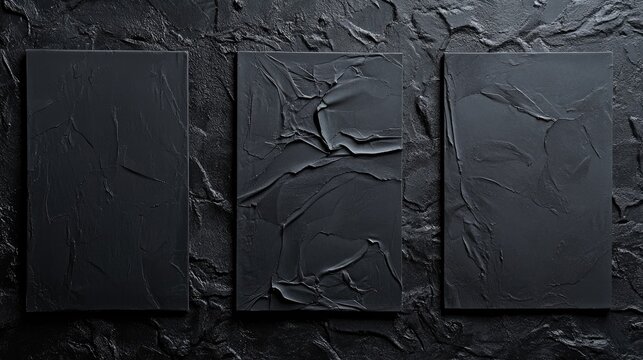 Textured black wall with four wrinkled poster templates arranged for showcasing design concepts, emphasizing an urban aesthetic and creative presentation.