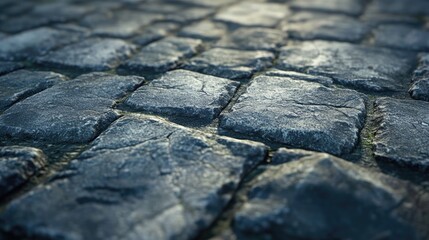 Close-up view of a textured paved road with uneven, weathered stone elements showcasing details of the cobblestone surface and natural wear.
