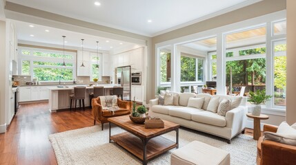 Fototapeta premium Real estate agent showcasing a spacious, elegantly designed open house with modern kitchen and cozy living area filled with natural light.