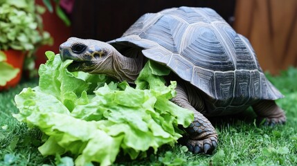 Hermann's tortoise feasting on fresh green lettuce amidst vibrant grass, showcasing its textured shell and lively eating behavior.