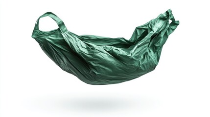 Crumpled green nylon bag floating on a white background, showcasing a dynamic, abstract form with a smooth, clean clipping path.