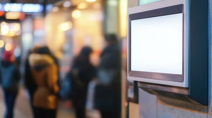 Obraz premium Empty digital billboard or illuminated light box in focus with a blurred crowd in the background, symbolizing commercial marketing and financial themes.