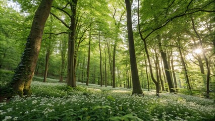 Naklejka premium Dense forest canopy with sunlit undergrowth and trees of varying sizes, natural scenery, woodland atmosphere