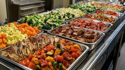Buffet catering display with an array of colorful vegetables and assorted meats arranged in trays, showcasing a variety of dishes and garnishes.