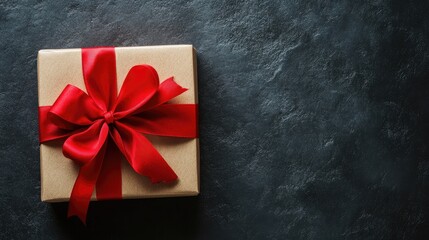 Elegant gift box wrapped in brown paper with a bright red ribbon and bow on a dark background, perfect for festive promotions and decorative displays.