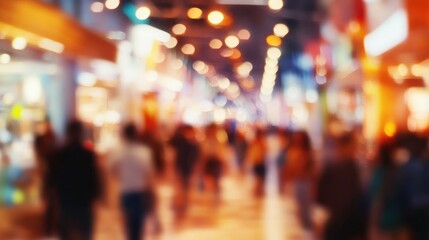 Crowd of shoppers in a bustling mall during a busy sales event, with a dreamy blur effect capturing the lively atmosphere.