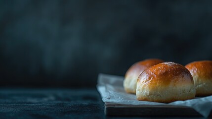 Close-up of golden-brown freshly baked dinner rolls on a textured dark backdrop, highlighting the art of food photography and baking mastery.